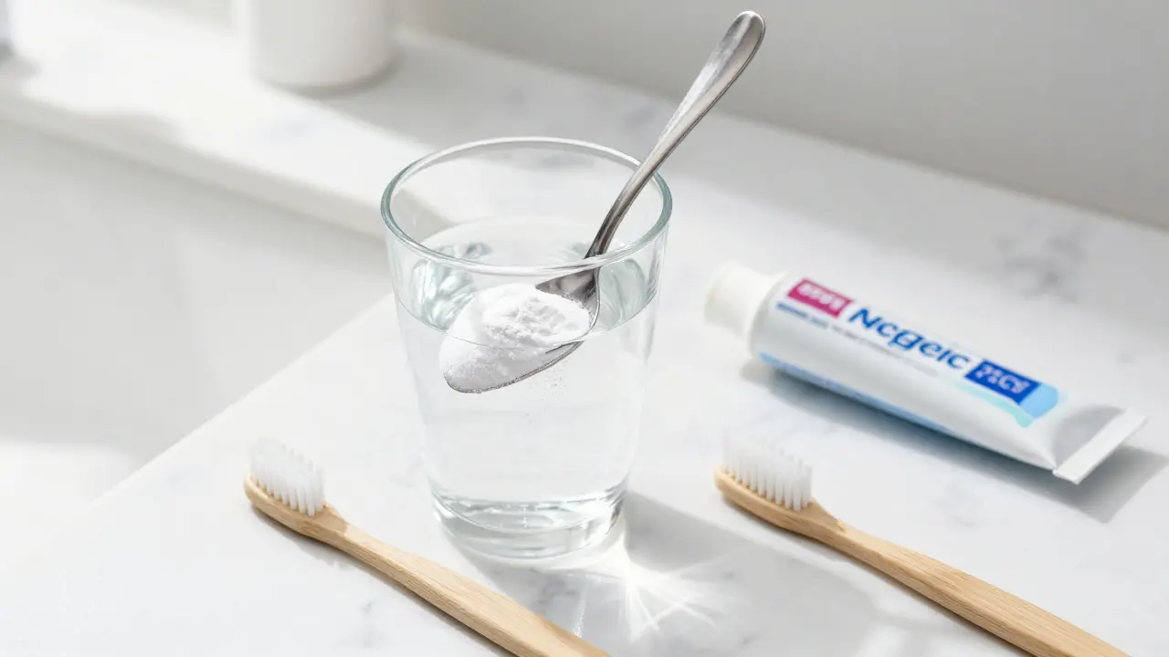 Sklenice s vodou a sodou vedle zubního kartáčku jako symbol péče o chrup.
