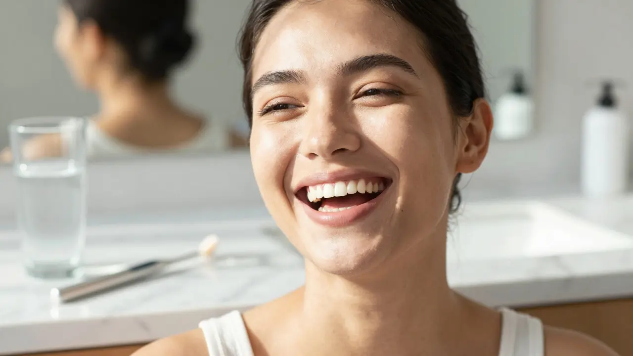 Šťastný člověk s přirozeným a zdravým úsměvem po estetické stomatologii.