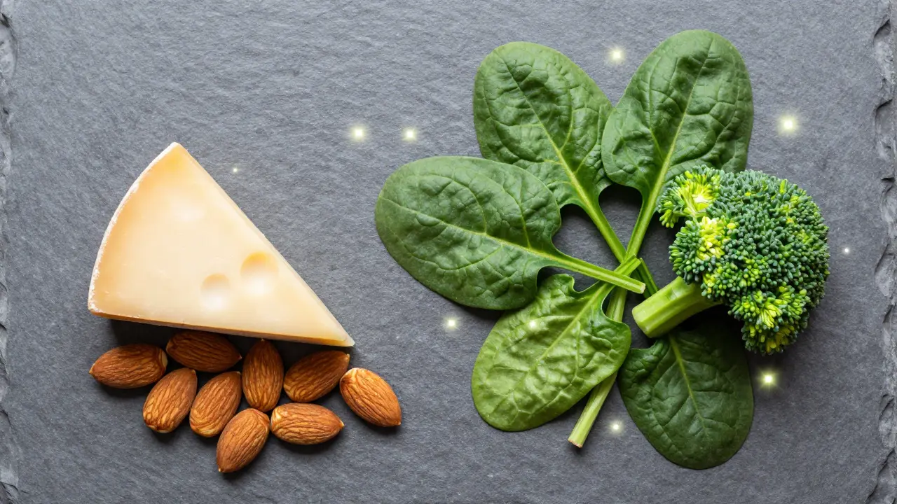 Suroviny bohaté na vápník: sýr, mandle a listová zelenina.