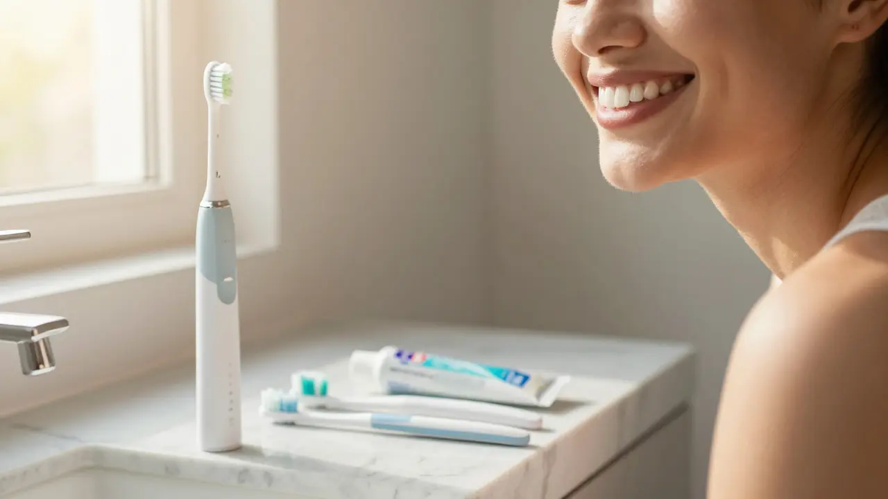 Úsměv s čistými zuby a pomůcky pro domácí dentální hygienu.