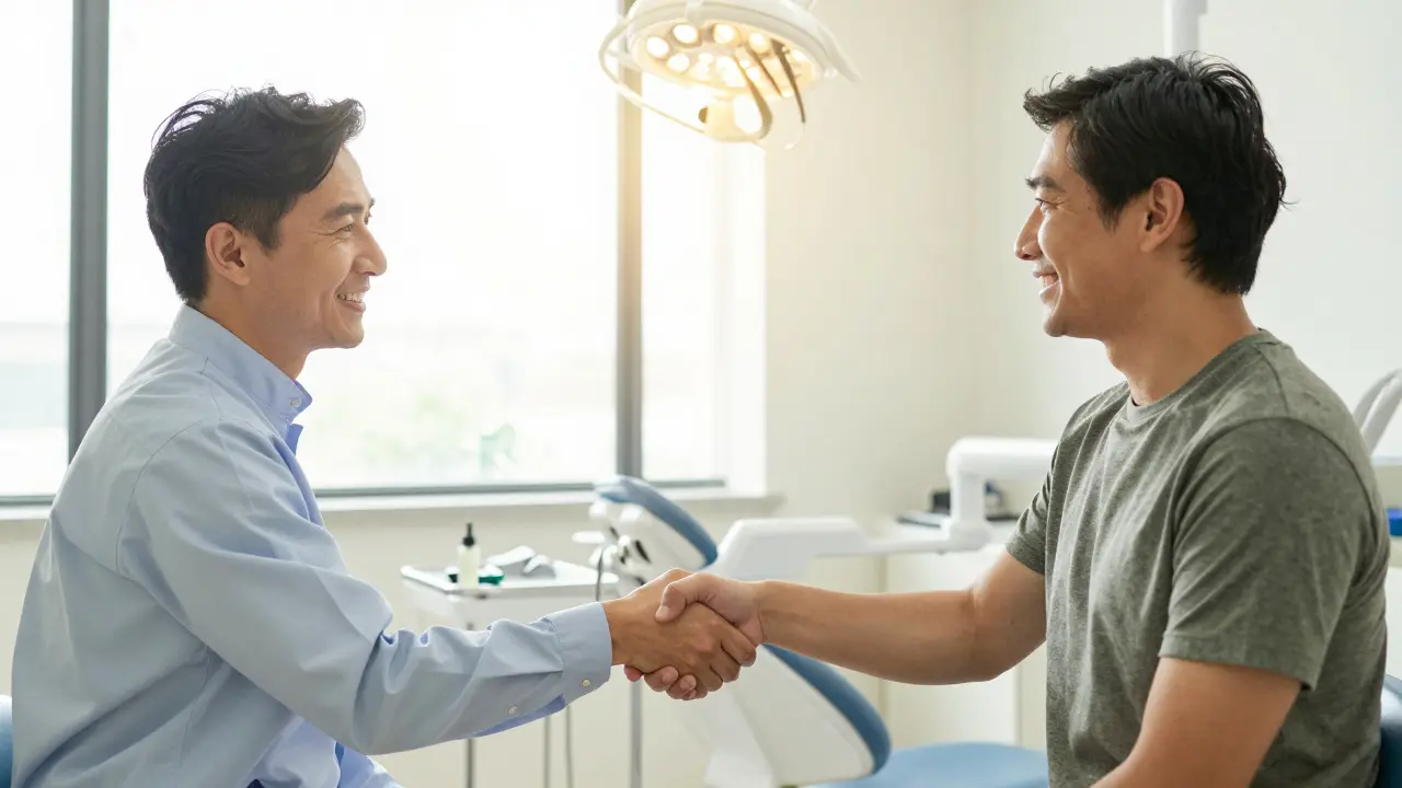Usměvavý zubař a pacient si podávají ruce během přátelské konzultace v ordinaci.