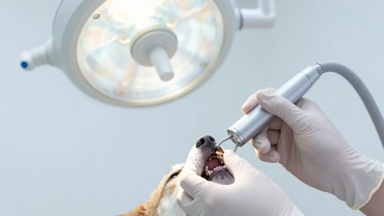 Veterinář provádí ultrazvukové čištění zubů zvířete v sterilním prostředí.