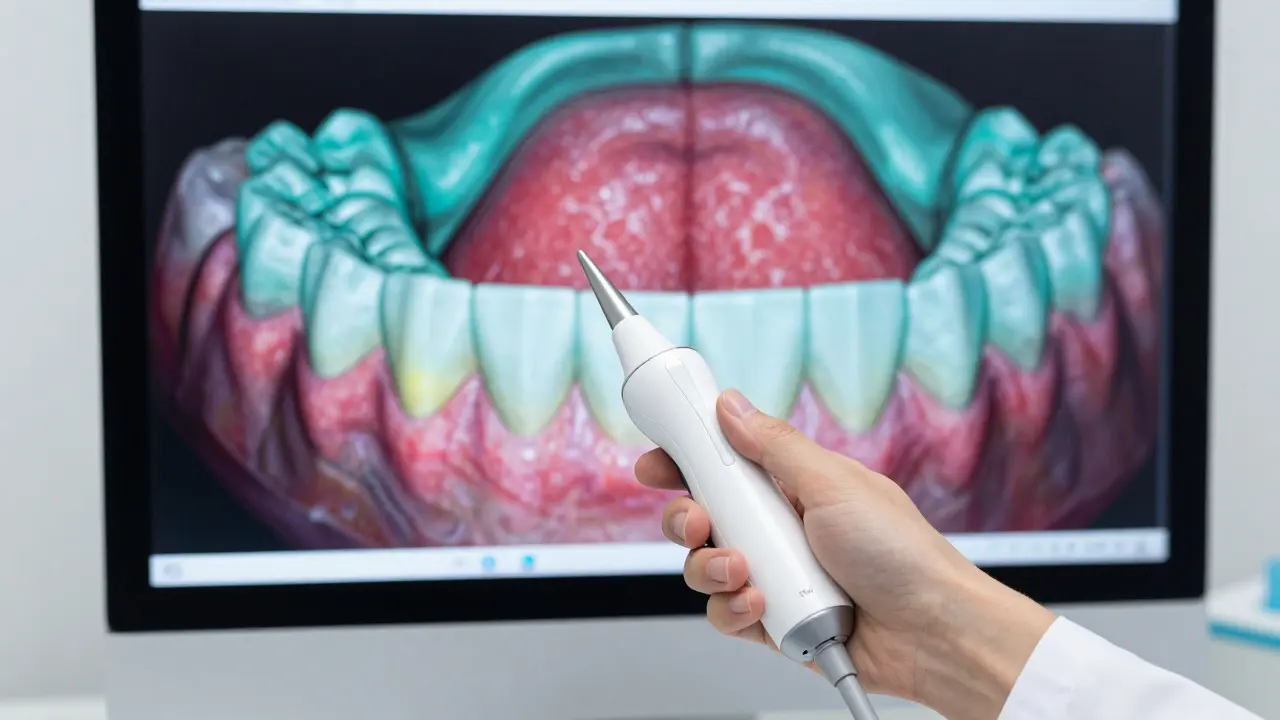 Zubní lékař používá intraorální skener k vytvoření digitálního modelu zubů