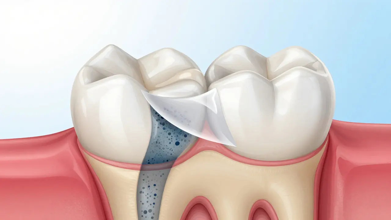 3D ilustrace kompozitního bondingu na zubu s vnitřním zabarvením dentinu.