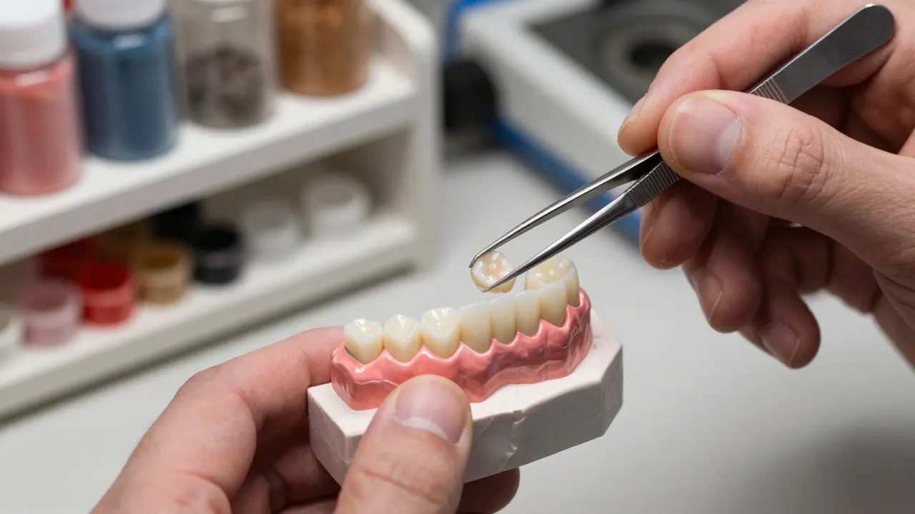 Dentální technik ručně tvaruje keramickou korunku v laboratoři.