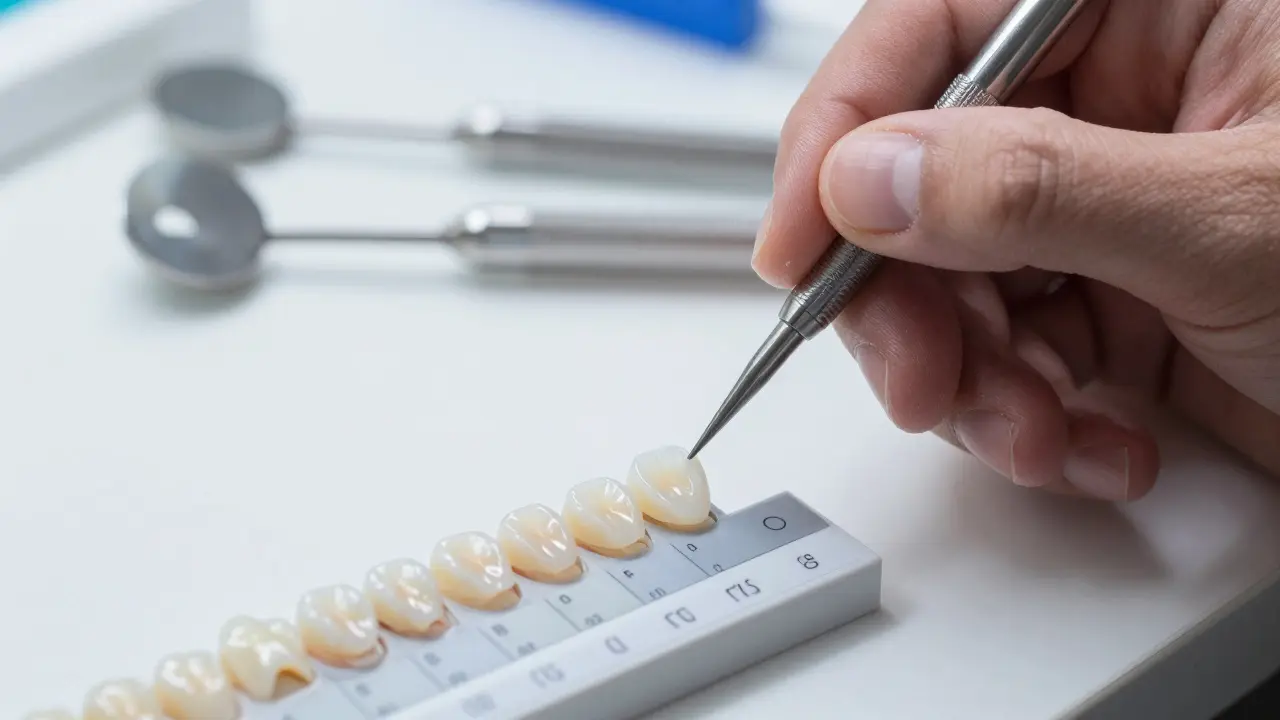 Dentista ručně maluje keramickou vložku pro estetické obnovení úsměvu