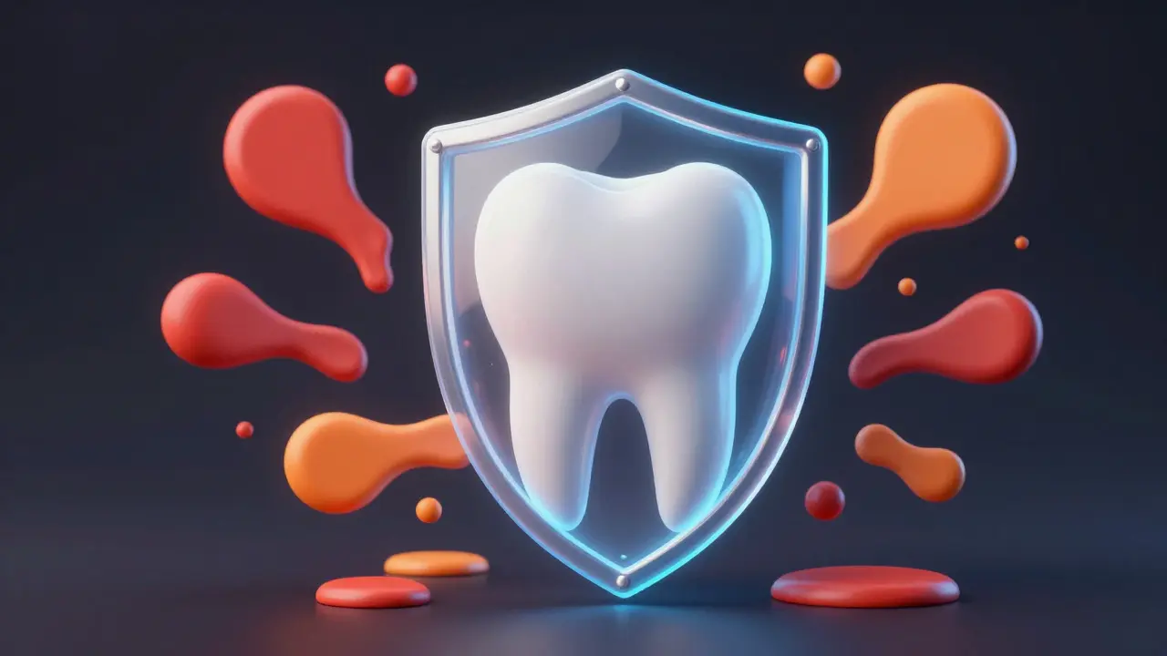 Konceptuální ilustrace ochrany zubu před kyselinami pomocí fluoridu