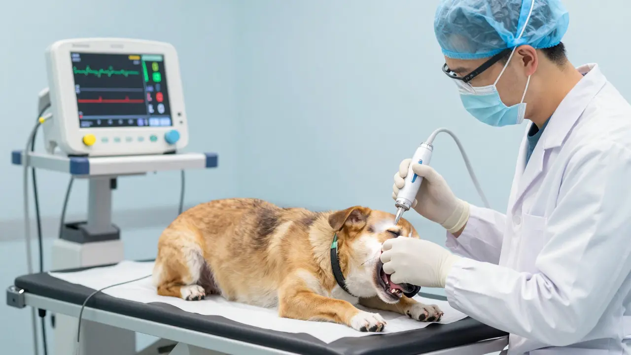 Pes pod anestezii během profesionálního čištění zubů veterinářem