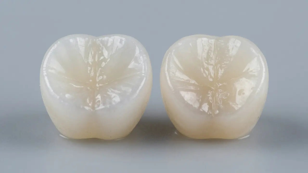 Porovnání porcelánové a kompozitní fazety makro záběr