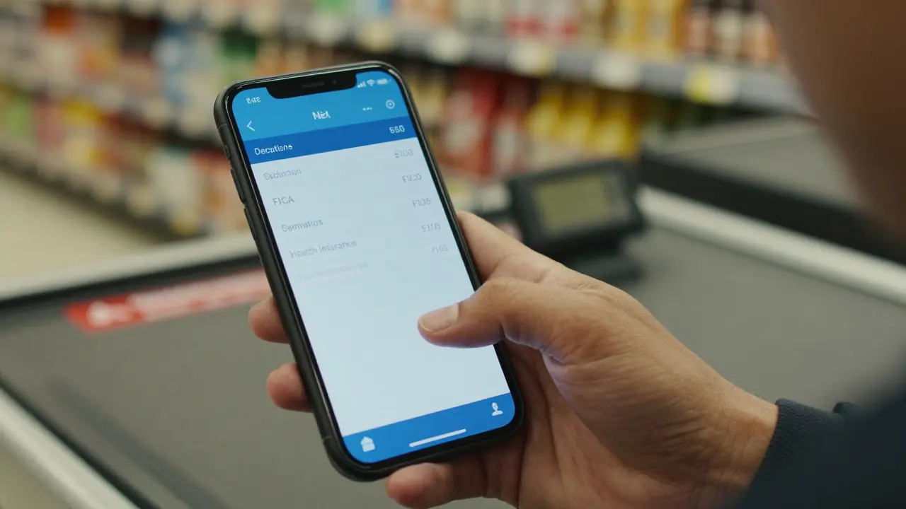 Ruka drží telefon s kalkulačkou platu v obchodě
